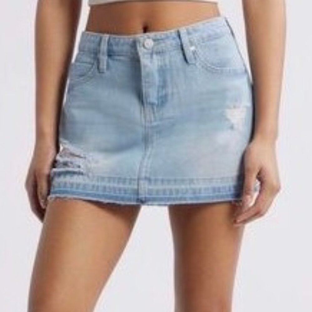 PTCL Distressed Frayed Hem Denim Mini Skirt Light Wash Blue L NWT